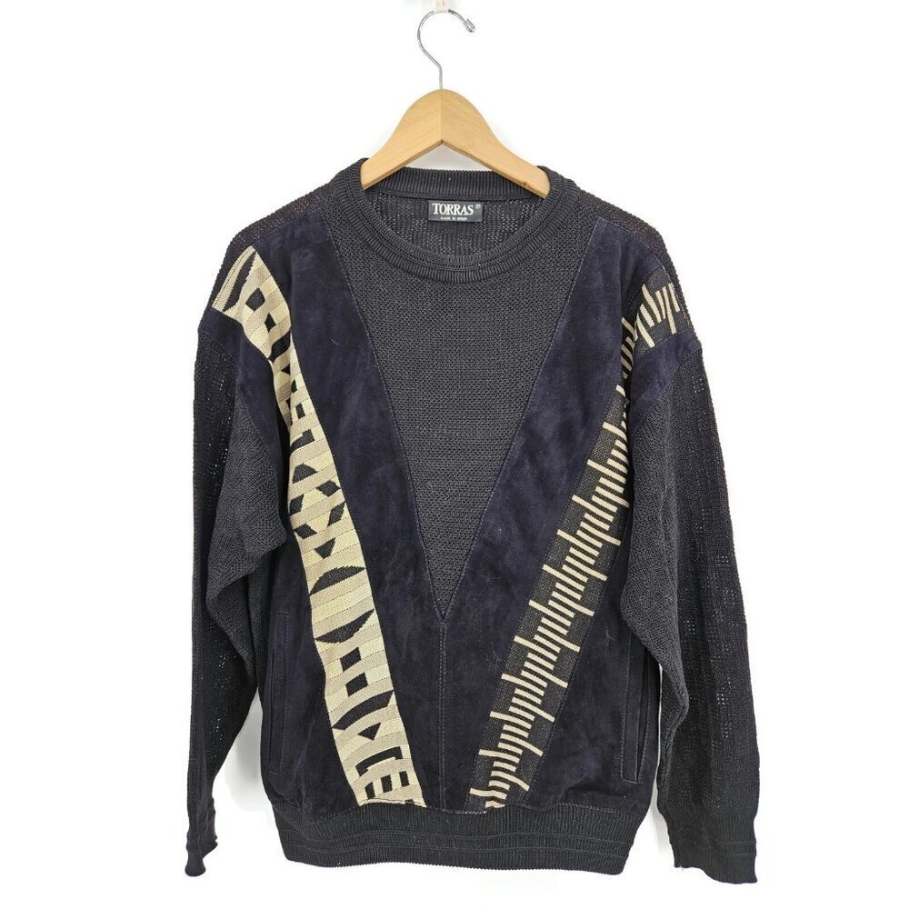 Vtg Torras Pullover Sweater Mens 38 Large? Black Knit Suede Leather Pockets